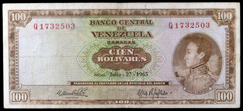 Venezuela. 1965. Banco Central. 100 bolívares. (Pick 48c). 27 de julio, Simón Bo...