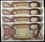 Venezuela. 1972. Banco Central. 100 bolívares. (Pick 55a). 21 de noviembre, Simón Bolívar. 4 billetes, series A, B, C y D. MBC-/MBC+.