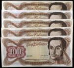 Venezuela. 1974. Banco Central. 100 bolívares. (Pick 55b). 5 de marzo, Simón Bolívar. 5 billetes, series E, F, G, H y J. BC+/MBC.