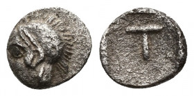 ( Silver.0.26 g. 8 mm) Arkadia, Tegea AR Tetartemorion. c. 423-400. 
Helmeted head of Athena left. 
Rev: T within shallow incuse square. 
BCD Pelop...