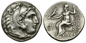 (4.22 g. 19 mm) KINGS OF MACEDON Alexander III \'the Great\'. 336-323 B.C. AR drachm.
Lampsakos, under Philip III, 323-317 B.C. 
Head of Herakles ri...