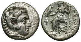 ( Silver. 4.03 g. 17 mm) KINGS OF MACEDON. Alexander IIIthe Great (336-323 BC). Drachm. Sardes.
Head of Herakles right, wearing lion skin.
Rev: AΛEΞ...