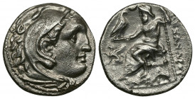 ( Silver. 3.84 g. 18 mm) KINGS OF MACEDON. Alexander III 'the Great' (336-323 BC). Drachm. Teos.
Head of Herakles right, wearing lion skin.
Rev: AΛE...
