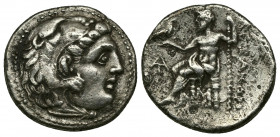 (Silver. 3.82 g. 19 mm) Kings of Macedon. Alexander III "the Great" 336-323 BC. Drachm
Head of Herakles right, wearing lion's skin
Rev: Zeus seated ...