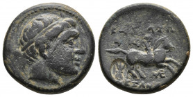 (Bronze. 4.60 g. 18 mm) KINGS OF MACEDON. Philipp III Arrhidaios (323-317).
Head of Apollo right, wearing tainia.
Rev: Horseman galloping right, hol...