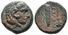 (Bronze. 6.64 g. 18 mm) KINGS OF MACEDON. Alexander III 'the Great ' (336-323 BC). Ae Unit. Uncertain mint in Macedon.
Head of Herakles right, wearin...