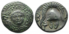 (Bronze. 3.43 g. 17 mm) Kings of Macedon. Salamis. Philip III Arrhidaeus 323-317 BC
Macedonian shield, with facing gorgoneion on boss
Rev: B. ) helm...
