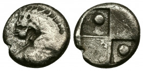 (Silver. 2.01 g. 13 mm) THRACE, Cherronesos. 400-350 BC. AR Hemidrachm 
Forepart of lion, head looking back.
Rev: Incuse, two pellets and H in raise...