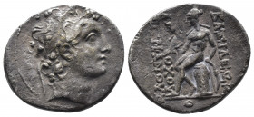 (Silver. 3.7 g. 20 mm) Seleukid Empire, Antiochos IV Epiphanes Drachm. Antioch, Posthumous issue, 146/5 BC.
Diademed head right,
Rev: / BAΣIΛEΩΣ ANT...