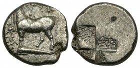 ( Silver. 3.65 g. 16 mm) THRACE. Byzantion. Drachm (Circa 387/6-340 BC). AR
Bull standing left on dolphin left; monogram to left and above.
Rev: Sti...