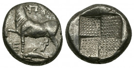 (Silver, 3.78 g. 15 mm) THRACE. Byzantion. Drachm (Circa 387/6-340 BC). AR
Bull standing left on dolphin left; monogram to left and above.
Rev: Stip...