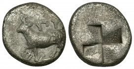 (Silver. 3.58 g. 16 mm) THRACE. Byzantion. Drachm (Circa 387/6-340 BC). AR
Bull standing left on dolphin left; monogram to left and above.
Rev: Stip...