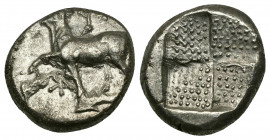 (Silver. 3.75 g. 16 mm) THRACE. Byzantion. Drachm (Circa 387/6-340 BC). 
Bull standing left on dolphin left;
Rev: Grained windmill incuse.
SNG BM B...