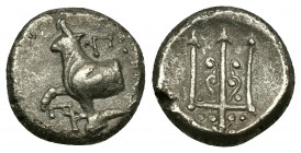 (Silver. 1.70 g.12 mm ) THRACE, Byzantion. 387-340 BC. AR Hemidrachm 
Bull on dolphin.
Rev: Decorated trident. 
SNG.BM.16v.