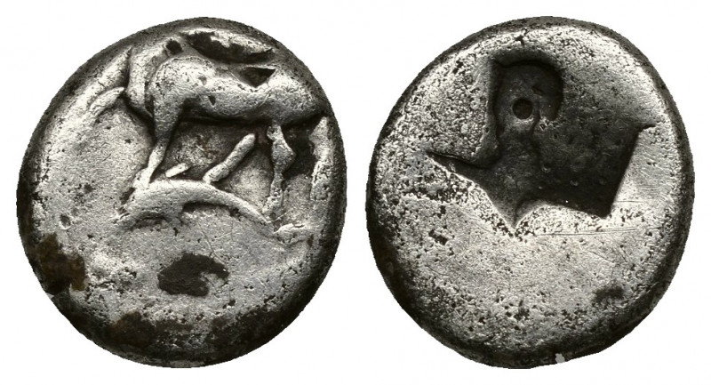 (Silver. 1.21 g. 11 mm) THRACE, Byzantion. 340-320 BC. AR Hemidrachm 
Bull on d...