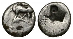 (Silver. 1.21 g. 11 mm) THRACE, Byzantion. 340-320 BC. AR Hemidrachm 
Bull on dolphin
Rev: Quadripartite incuse square. 
SNG.BM.36.