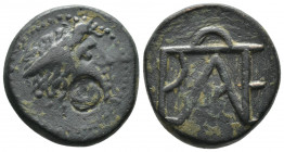 (Bronze. 8.39 g. 22 mm) KINGS OF BOSPOROS. Polemo I, circa 14/3-10/9 BC
Head of Perseus right, countermark.
Rev: Monogram of Polemo.
MacDonald 229