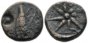 (Bronze.9.98 g. 20 mm) PONTOS. Uncertain (possibly Amisos). Ae (130-100 BC).
Quiver.
Rev: Eight-pointed star; bow to one side.
SNG BM Black Sea 976...