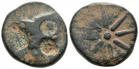 (Bronze.20.12 g. 26 mm) Pontos. Amisos circa 130-100 BC. Time of Mithradates VI
Male head left, wearing Persian leather cap (bashlyk); countermarks
...