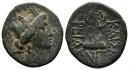 (Bronze. 6.49 g. 21 mm) CAPPADOCIA, Caesarea. Archelaus. 36 BC - 17 AD.
Head of Tyche right
Rev: ΚΑΙΣΑΡΕΙΑΣ, ΝΓ/Mount Argeas; above, wreath
RPC Onl...