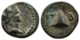 (Bronze. 2.25 g. 15 mm) CAPPADOCIA. Caesarea. Pseudo-autonomous. Time of Trajan (98-117). Ae.
Turreted head of Tyche right.
Rev: ЄT B./ Pyramid.
Sy...