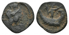 (Bronze.0.55 g. 11 mm) SYRIA. Palmyra, Pseudo-autonomous, ca. 150-225, AE ½ unit.
 turreted bust of Tyche right
Rev: Uncertain deity, perhaps Astart...
