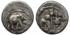 Iulius Caesar AR Denarius (Silver, 3,51g, 19mm) mint moving with Caesar, 49-48 BC 
Obv: Pontifical emblems: culullus, aspergillum, axe and apex. 
Re...