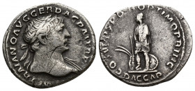 TRAJAN (98-117) AR Denarius (Silver, 2.95 g, 19mm), Rome, 110. 
Obv: IMP TRAIANO AVG GER DAC P M TR P - Laureate head of Trajan to right, with slight...