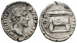 ANTONINUS PIUS (138-161) AR Denarius (Silver, 3.24g, 19mm) Rome, 145-147
Obv: ΛNTONINVS ΛVG PIVS P P - laureate head right
Rev: COS IIII - Pulvinar ...