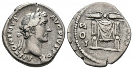 ANTONINUS PIUS (138-161) AR Denarius (Silver, 3.33g, 18mm) Rome, 145-147
Obv: ΛNTONINVS ΛVG PIVS P P - laureate head right
Rev: COS IIII - Pulvinar ...