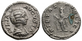 JULIA DOMNA (193-217) wife of S. Severus, AR Denarius (Silver, 3.33g, 18mm) Laodicea
Obv: IVLIA AVGVSTA - Draped bust right
Rev: PIETAS PVBLICA - Pi...