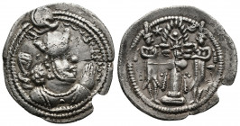 SASANIAN KINGS Unreaserched AR Drachm (26mm, 3.76g) 
Obv: Crowned bust right 
Rev: Fire altar flanked by attendants; star and crescent flanking flam...