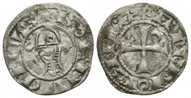 CRUSADERS (Silver, 0.75g, 18mm) Antioch. Bohémond III. 1163-1201. AR Denier 
Obv: +BOAHVDHVS (D letter retrograde) - helmeted and mailed bust left; c...