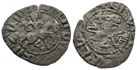 ARMENIA (Silver, 1.62g, 21mm) Cilician Armenia, Royal, Gosdantin IV (1365-1373) AR Takvorin. 
Obv: King on horseback riding right 
Rev: Lion walking...