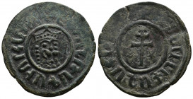 ARMENIA (Bronze, 7.40g, 31mm) Cilician Armenia, Levon I (1198-1219). Æ Tank 
Obv: Crowned leonine head facing slightly right
Rev: Patriarchal cross;...