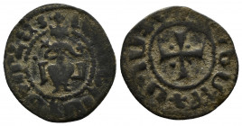 ARMENIA (Bronze, 1.34g, 18mm) Cilician Armenia, Levon IV (1320-1342). Æ Pogh 
Obv: Levon seated to front 
Rev: Cross. 
AC 455.