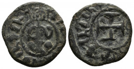 ARMENIA (Bronze, 2.43g, 19mm) Cilician Armenia, Royal, Hetoum II. 1289-1293, 1295-1296, and 1301-1305. Æ Kardez 
Obv: Hetoum seated facing holding cr...