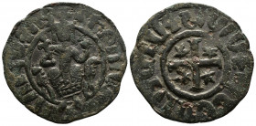 ARMENIA (Bronze, 6.11g, 30mm) Cilician Armenia, Royal, Hetoum I (1226-1270) Æ Tank Sis 
Obv: Hetoum seated facing on throne adorned with lions, holdi...