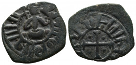 ARMENIA (Bronze, 3.81g, 22mm) Cilician Armenia, Royal, Hetoum II (1289-1293 1295-1296, and 1301-1305) Æ Kardez, Sis 
Obv: Hetoum seated facing, raisi...