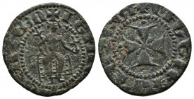 ARMENIA (Bronze, 2.67g, 20mm) Cilician Armenia, Levon IV (1320-1342). Æ Pogh 
Obv: Levon seated facing, holding cross and sceptre. 
Rev: Ornate Cros...