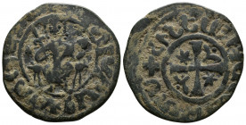ARMENIA (Bronze, 8.15g, 29mm) Cilician Armenia, Royal, Hetoum I (1226-1270) Æ Tank Sis 
Obv: Hetoum seated facing on throne adorned with lions, holdi...