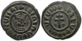 ARMENIA (Bronze, 7.01g, 29mm) Cilician Armenia, Levon I (1198-1219). Æ Tank 
Obv: Crowned leonine head facing slightly right
Rev: Patriarchal cross;...