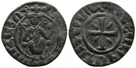 ARMENIA (Bronze, 5.37g, 28mm) Cilician Armenia, Royal, Hetoum I (1226-1270) Æ Tank Sis 
Obv: Hetoum seated facing on throne adorned with lions, holdi...