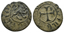 ARMENIA (Bronze, 0.67g, 15mm) Cilician Armenia, Levon V. 1373-1375. AE pogh 
Obv: Lion of Cyprus, rampant to right, within dotted border 
Rev: Cross...