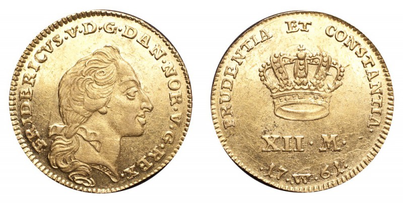 DENMARK. Frederik V, 1746-66. Gold 12 Mark / Ducat Courant 1761-W, Copenhagen. 3...