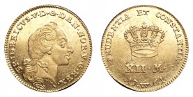 DENMARK. Frederik V, 1746-66. Gold 12 Mark / Ducat Courant 1761-W, Copenhagen. 3.12 g. KM# 587, Fr# 269, Hede 22d. Some contact marks in reverse centr...