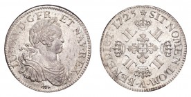 FRANCE. Louis XV, 1715-74. Ecu 1725-A, Paris. 23.67 g. Dupl. 1670. Slight weakness in legend on left side of bust, otherwise uncirculated and scarce a...