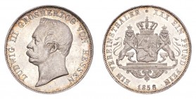 GERMANY: HESSE-DARMSTADT. Ludwig III, 1848-77. Taler 1858, 18.52 g. Mintage 536,700. J.59. Uncirculated with prooflike surfaces and faint toning towar...