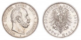 GERMANY: PRUSSIA. Wilhelm I, 1861-88. 5 Mark 1874-A, J.97A. Choice uncirculated.