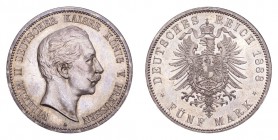 GERMANY: PRUSSIA. Wilhelm II, 1888-1918. 5 Mark 1888-A, J.101. Scarce type with small eagle reverse. Attractive, high-grade specimen.